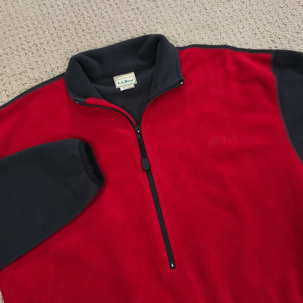 Vintage LL Bean Fleece Quarter Zip Pullover Red Gray Colorblock Made in USA M